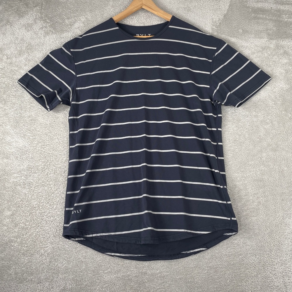 BYLT Drop Cut Lux Shirt Mens XL Navy White Striped Curved Hem Athletic